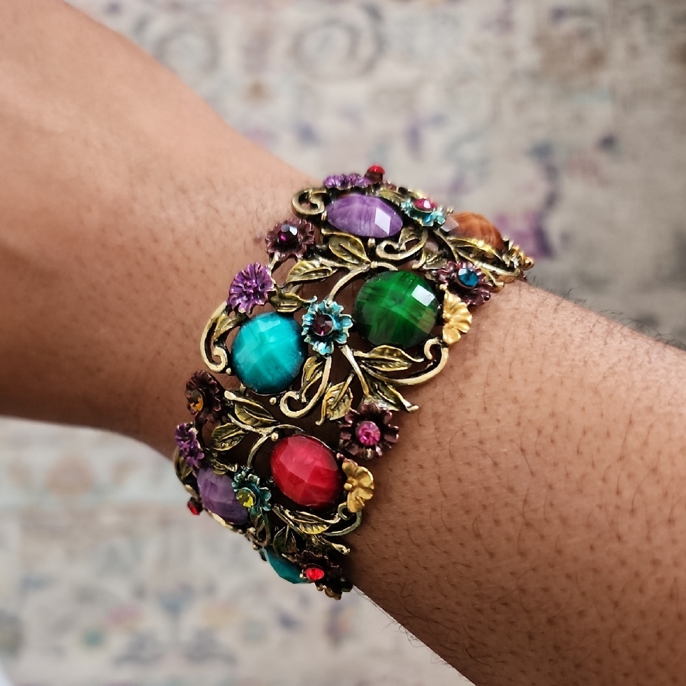 Multicolor Gemstone Floral Statement Bracelet Gold Tone Cluster Bold